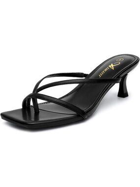 Women's Black Strappy Kitten Heels Flip Flops Square Open Toe Low Heels Fashion